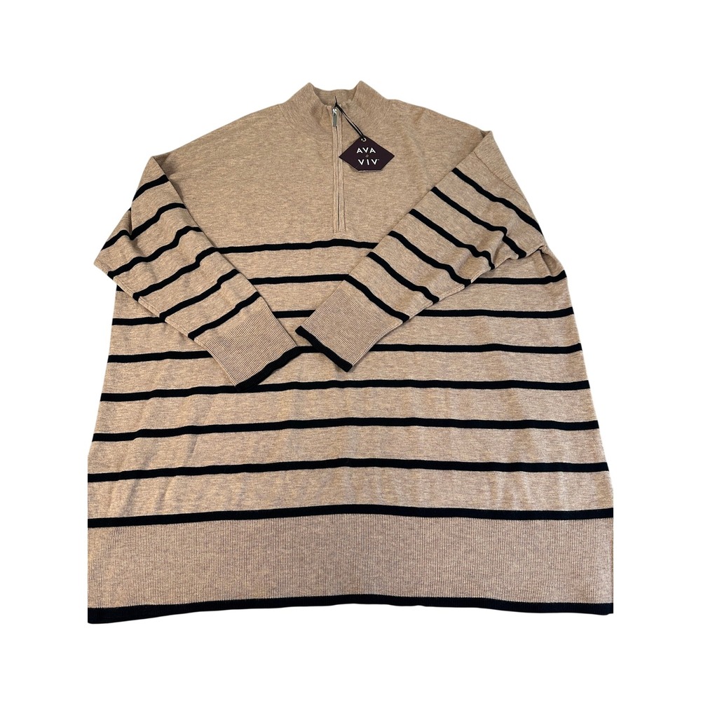 Ava & Viv Womens 3X Tan Black Striped Quarter Zip Pullover Sweater RN17730